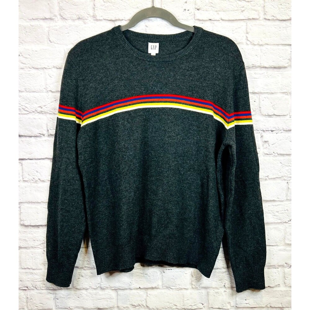 Gap Mens Charcoal Gray Rainbow‎ Stripe Crewneck Wool Blend Sweater Pullover XL